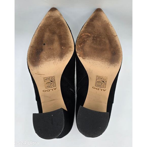 ALDO Black Suede Ankle Boots Pointed Toe Block Heel Zippered Bootie Women's 8 - Picture 10 of 10